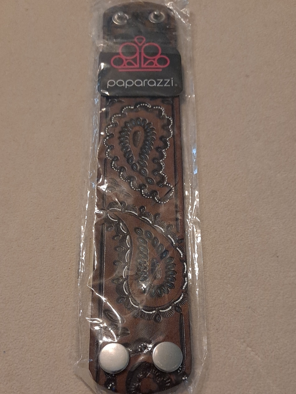 paparazzi Brown Paisley Embossed Leather Cuff with Silver Snaps